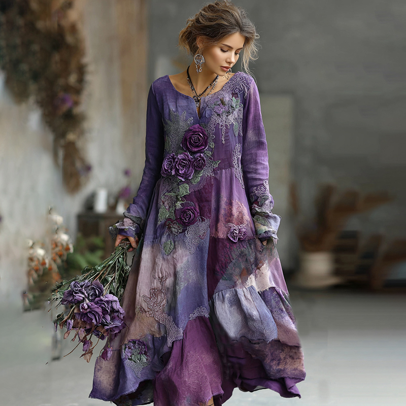 Vintage Bohemian Embroidered Floral Patchwork Maxi Dress