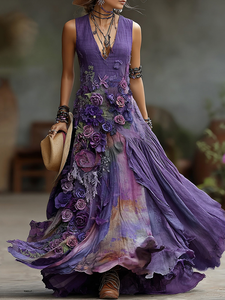 Vintage Embroidered Floral Color-changing Patchwork Maxi Dress