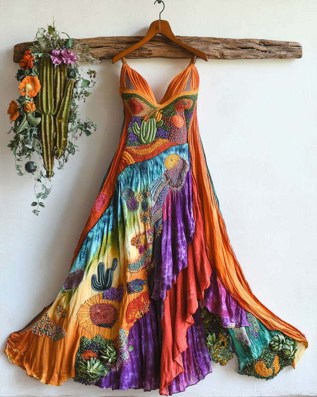 Handmade color block cactus rainbow irregular dress