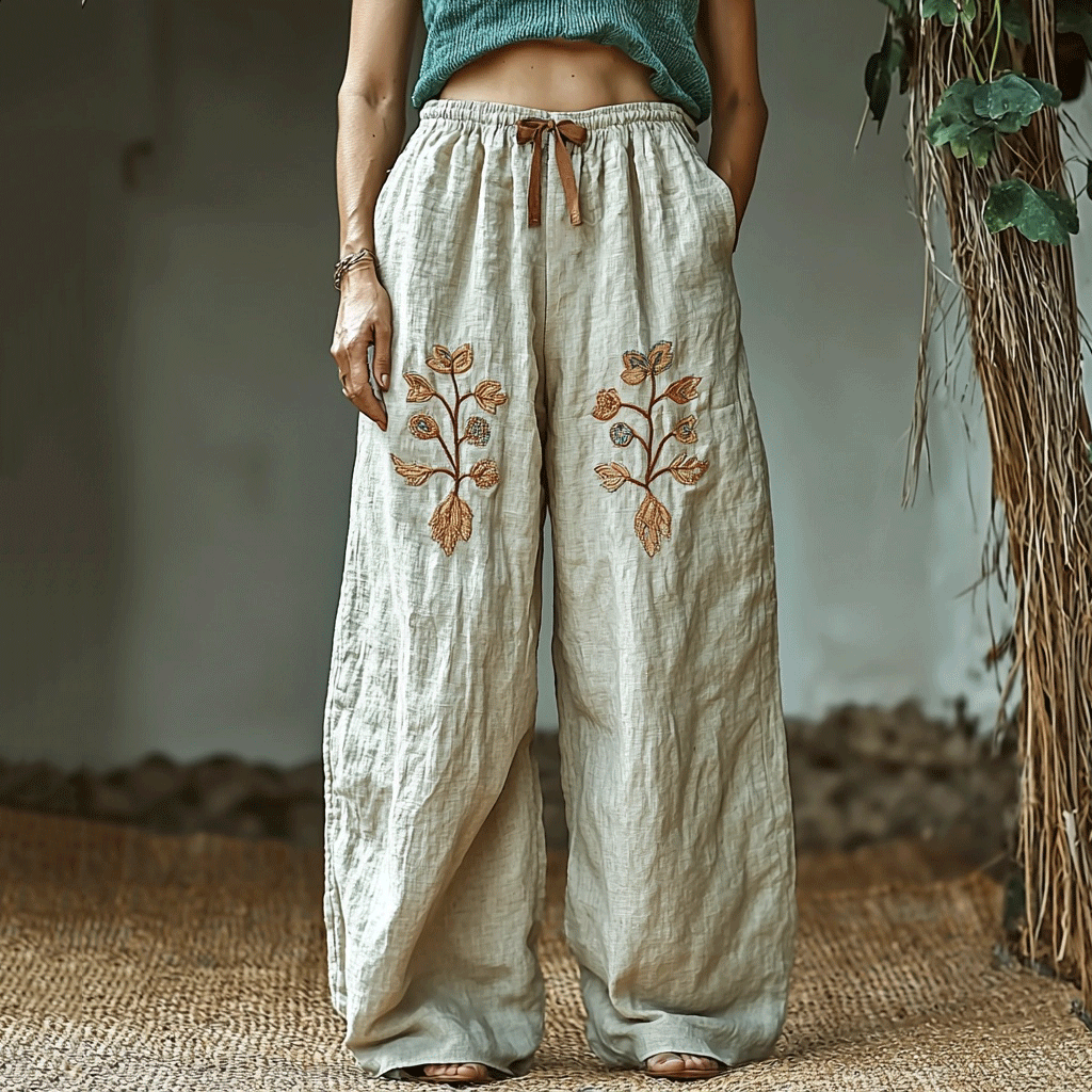 Bohemian Holiday Style Retro Linen Bohemian Leaf Ethnic Totem Print Linen Long Loose Wide-leg Pants