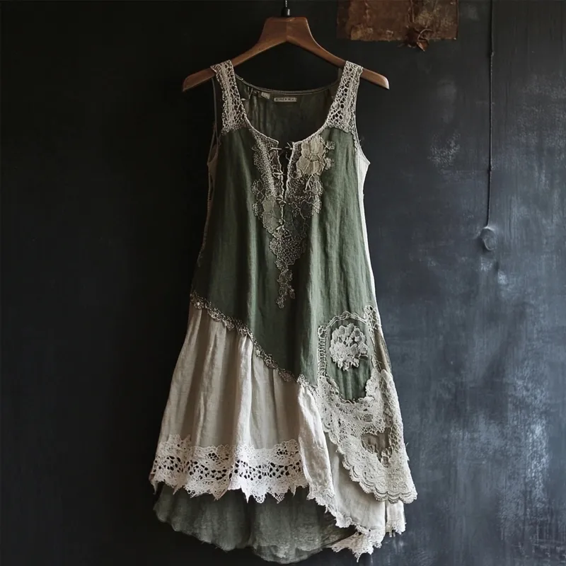 Vintage Lace Patchwork Comfy Linen Tank Dress