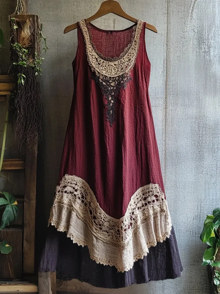 Retro Lace Patchwork Flowy Linen Tank Dress