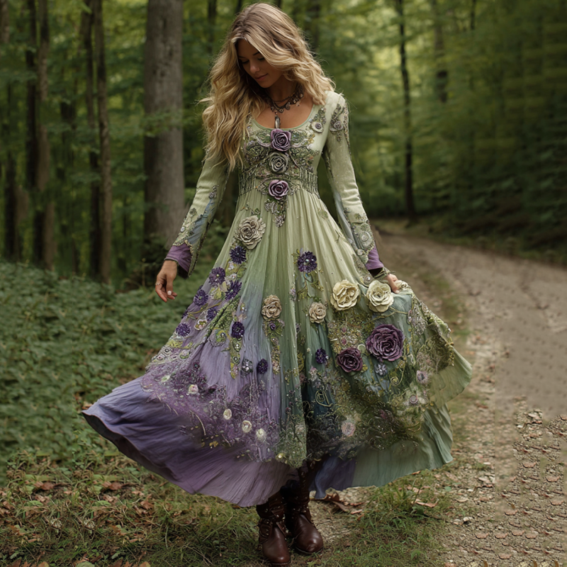 Vintage Classy Gradient Purple Lavender And Floral Embroidered Linen Maxi Dress