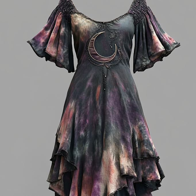 Tie-dye gradient star and moon embroidery retro casual dress
