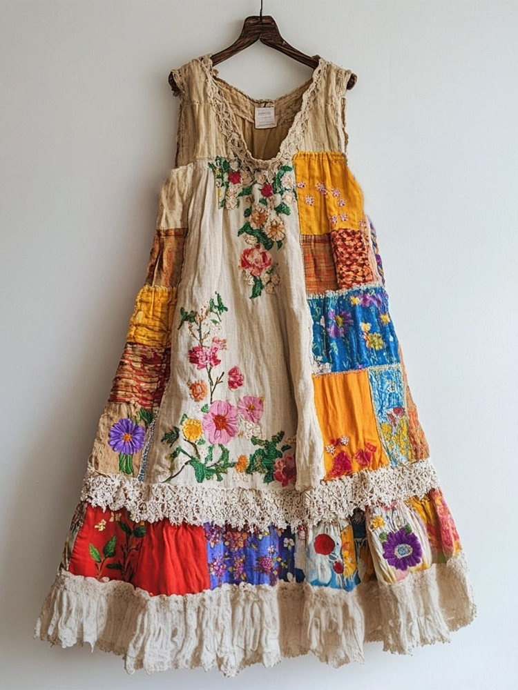 Floral Embroidered Lace Patchwork Linen Blend Dress