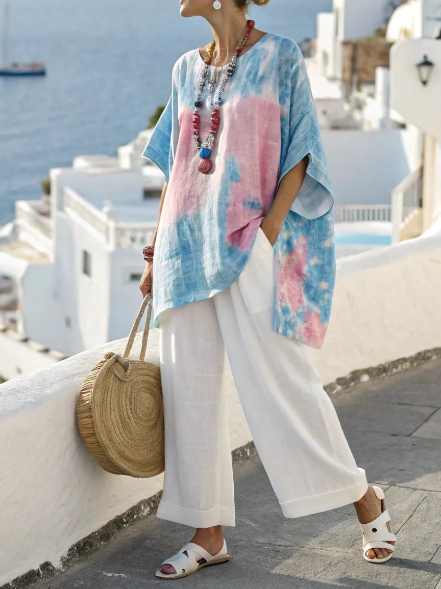 Cotton and linen women's tie-dye suit