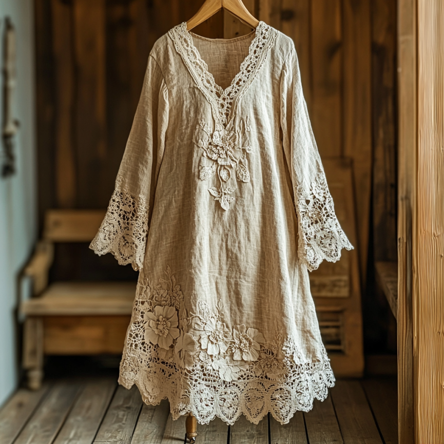 Women's Retro Lace Floral Embroidery Art Mixi Dress