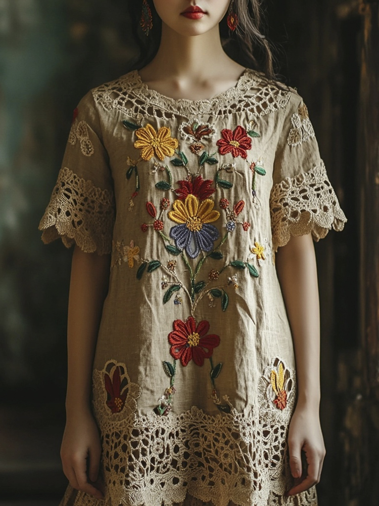 Vintage Lace Floral Embroidery Women's Linen Dress
