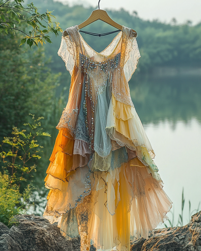 Summer Irregular Lace Patchwork Beaded Ruffle Dress