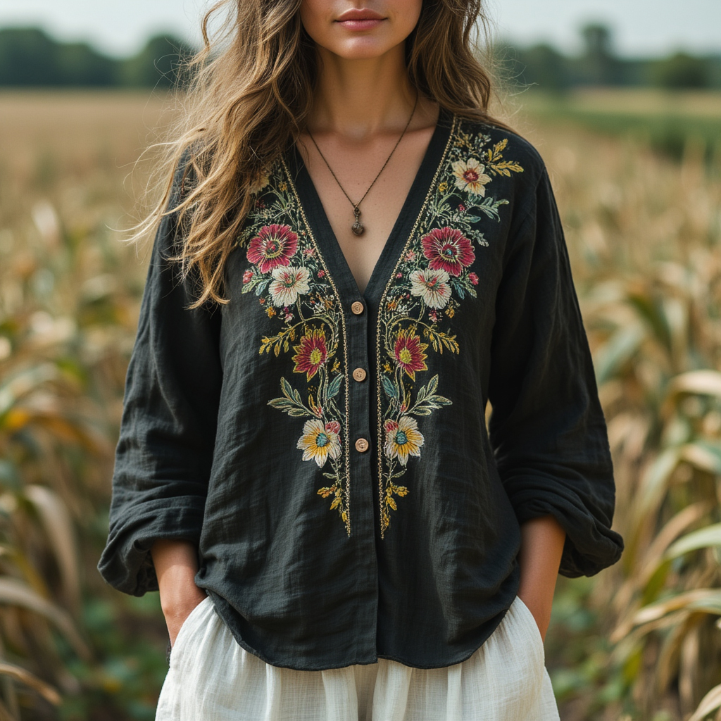 Women's Casual Cotton And Linen Retro Long-sleeved Shirt