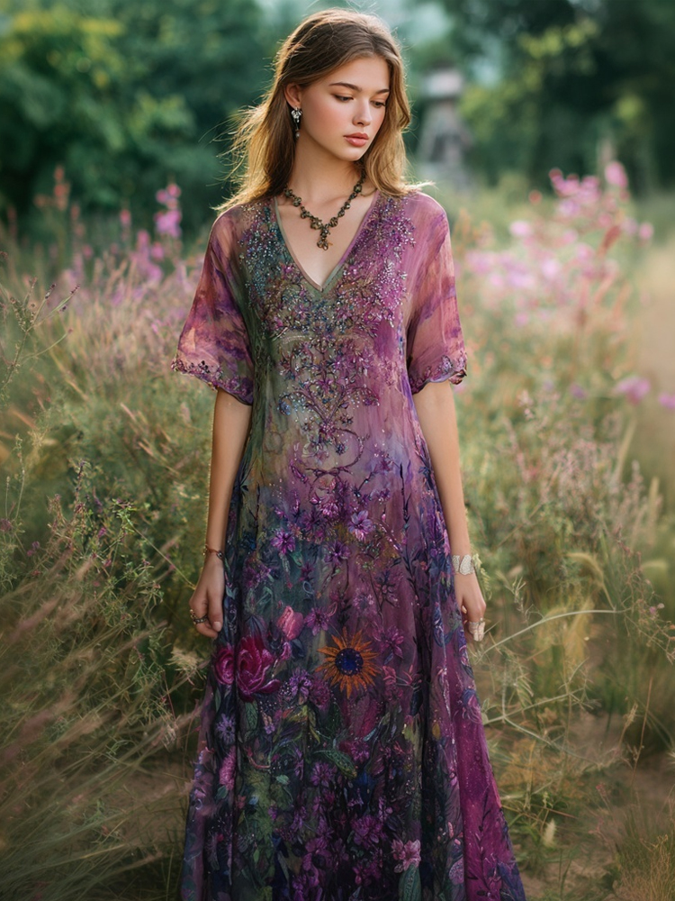 Boho Vintage Floral Pattern V Neck Linen Maxi Dress