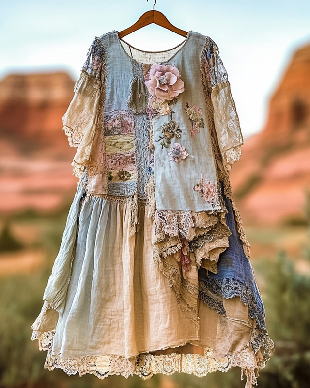 Vintage Floral Embroidered Lace Patchwork Short Sleeve Dress