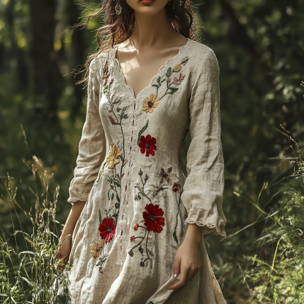 Vintage Forest Floral Embroidery Art Women's Linen Flowy Maxi Dress