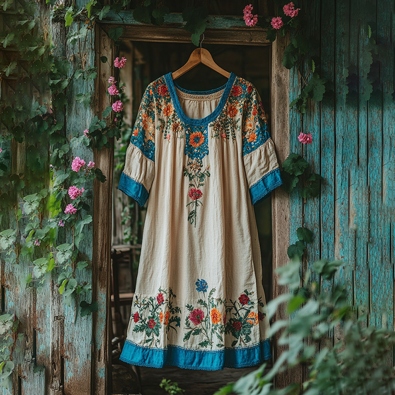 Floral Embroidery Linen Blend Loose Midi Dress