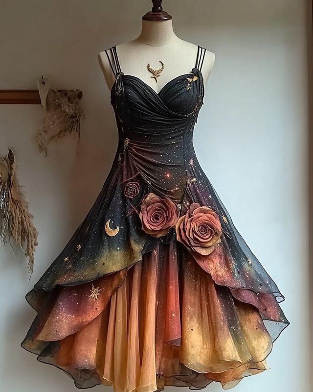 Gothic style star and moon embroidered suspender dress