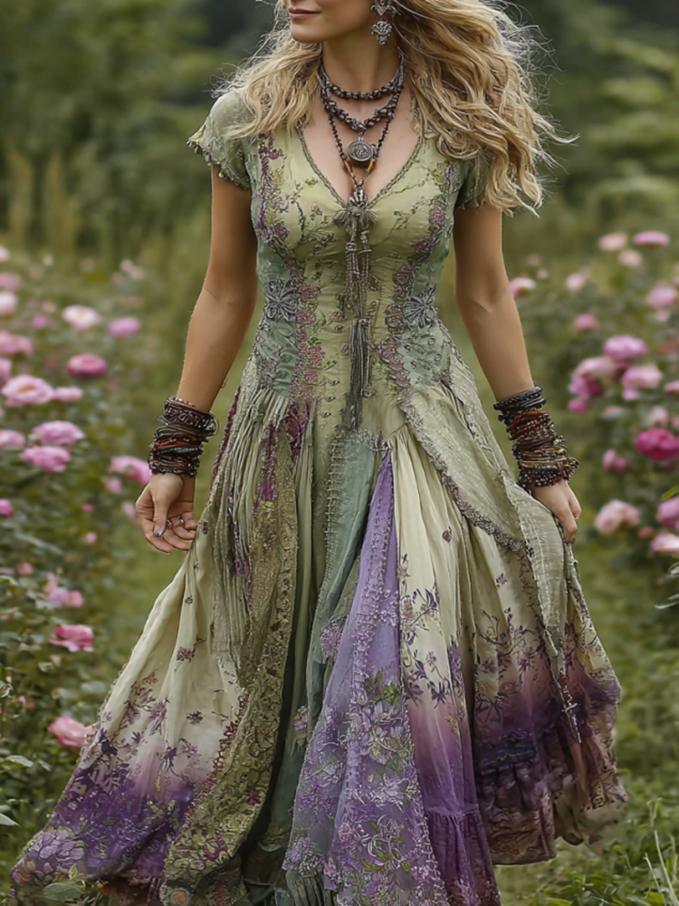 Vintage Gradient Purple Floral Embroidered Linen Maxi Dress