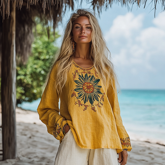 Vintage Bohemian Beach Vacation Linen Long-sleeved Round Neck Tops