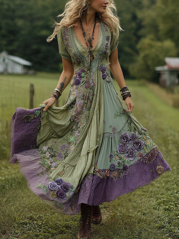 Classy Gradient Purple Lavender And Floral Embroidered Linen Maxi Dress