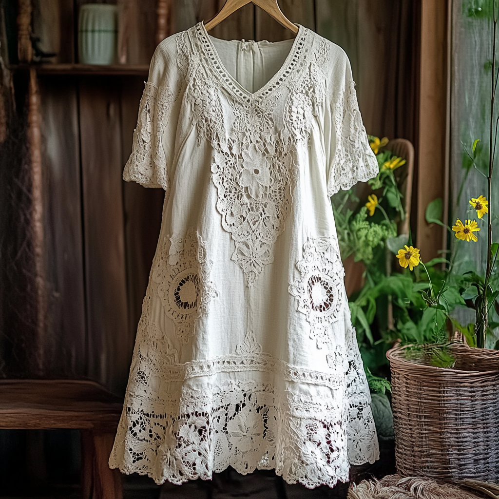 Women's Retro Lace Floral Embroidery Art Midi Dress