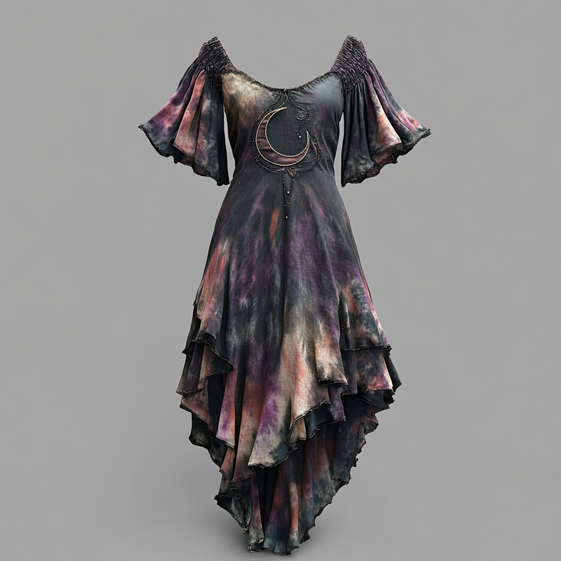 Tie-dye gradient star and moon embroidery retro casual dress