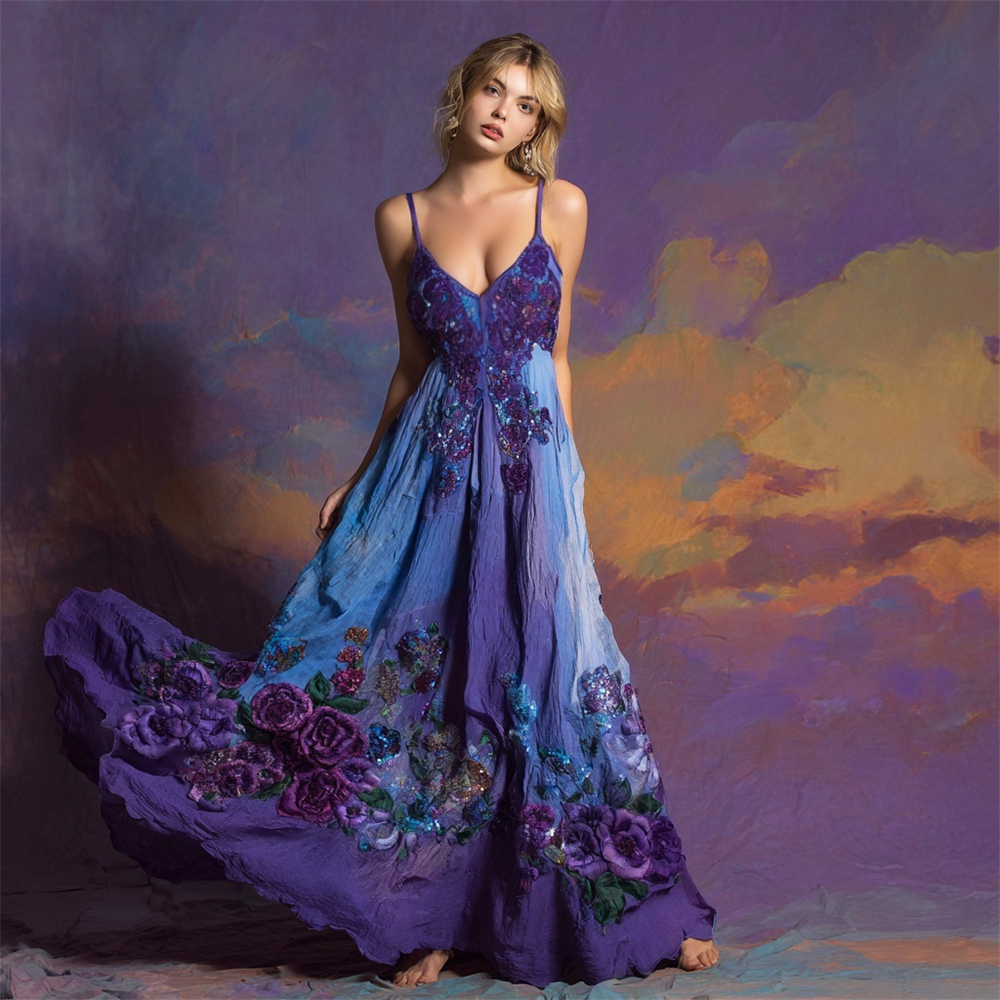 Vintage Boho Floral Embroidery Women's Spaghetti Strap Linen Maxi Dress