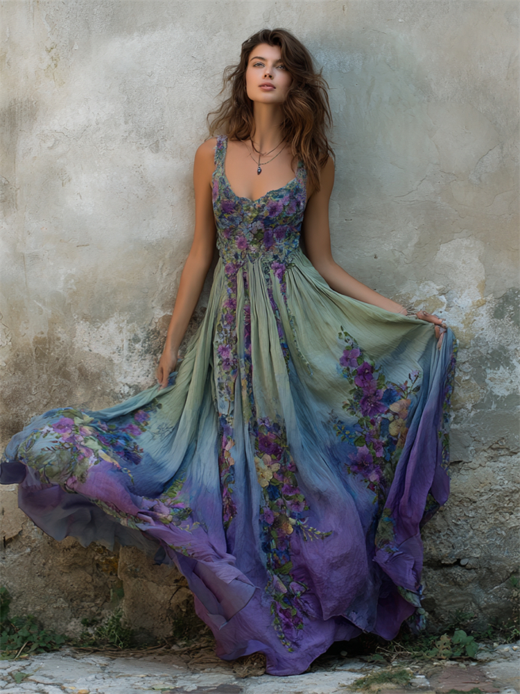 Vintage Floral Embroidered Purple Gradient Flowy Linen Maxi Dress