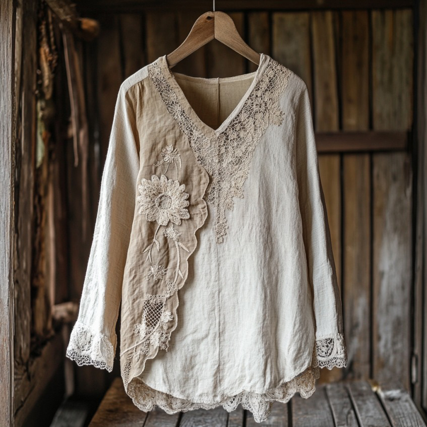 Women's Retro Floral Lace Patchwork Art V-neck Shirt