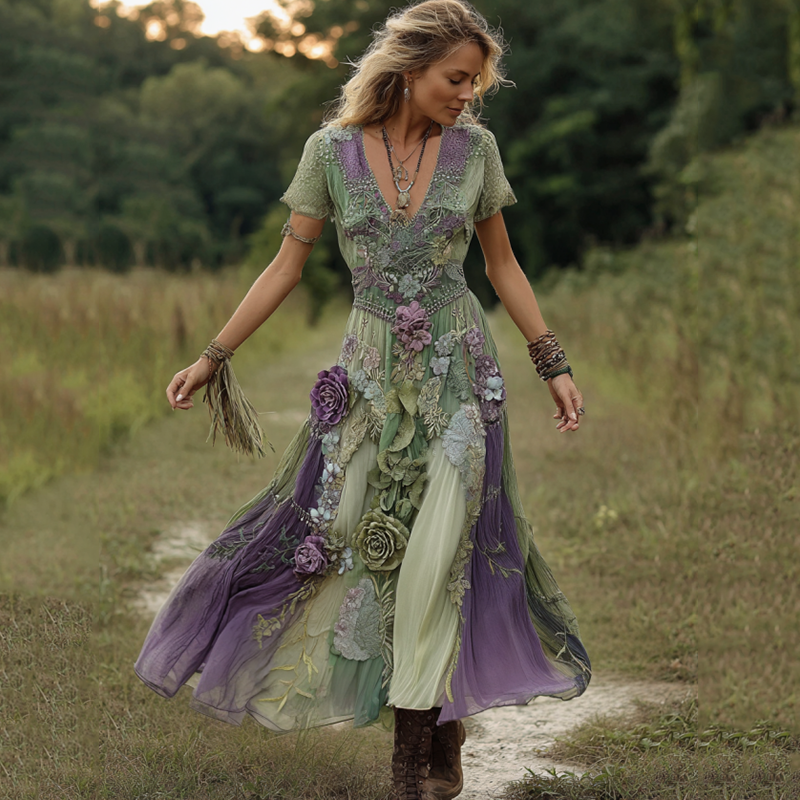 Classy Gradient Purple Lavender And Floral Embroidered Linen Maxi Dress