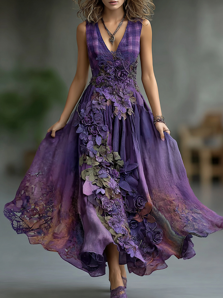 Vintage Embroidered Floral Plaid Patchwork Belt Maxi Dress