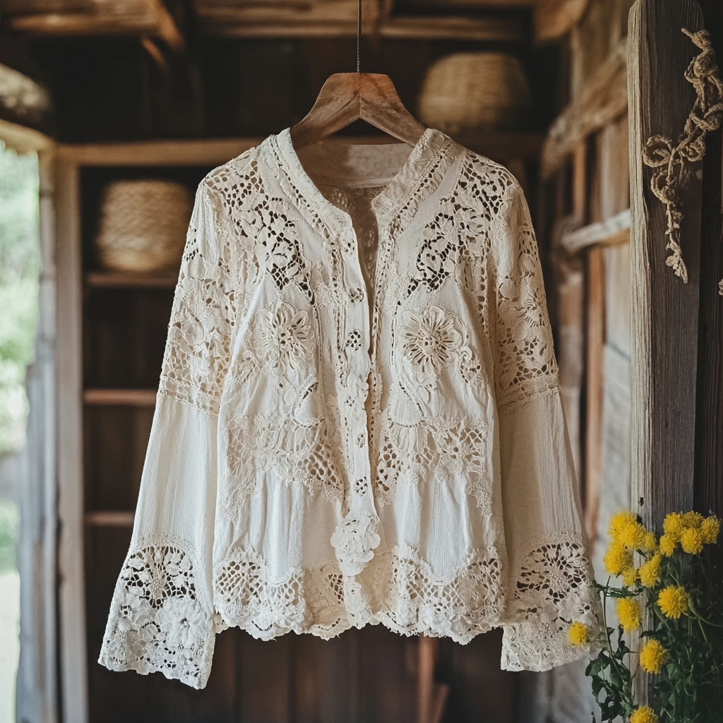 Women's Retro Floral Lace Embroidery Art V-neck Shirt