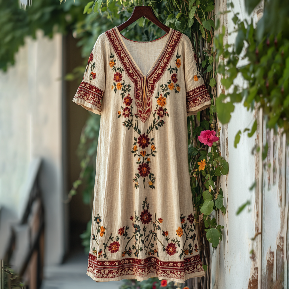 Women's Vintage Embroidered Flower V-neck Linen Blend Midi Dress