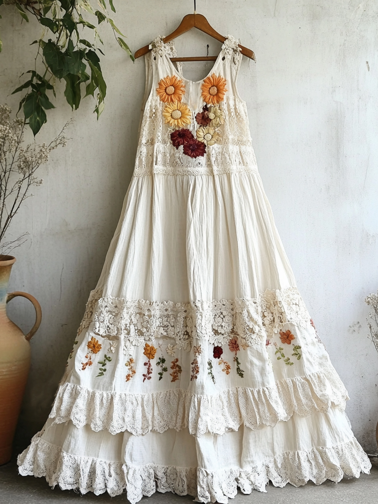 Bohemian Floral Embroidered Lace Sleeveless Dress