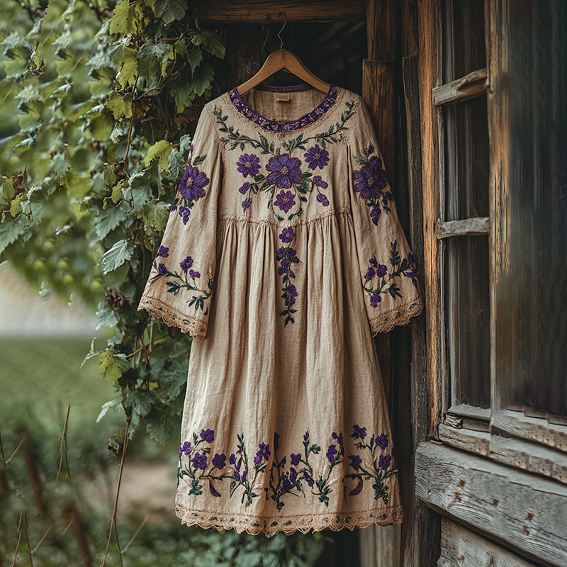 Vintage Floral Embroidery Loose Midi Dress