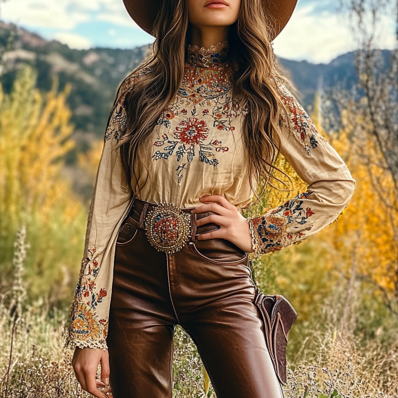 Women's West Cowboy Bohemian Elegance Ethnic Patterns Lace Crop Long Sleeves Linen Top