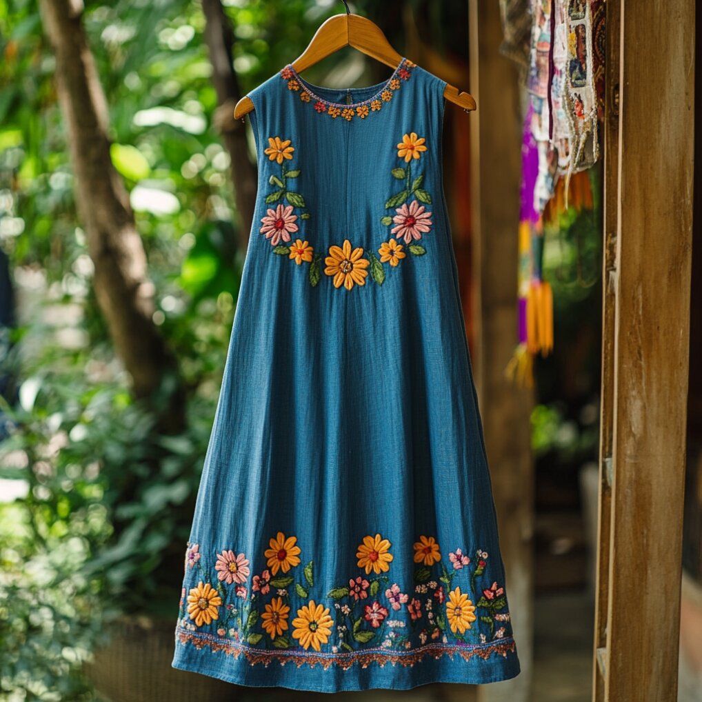 Women's Bohemian Floral Embroidered Linen Sleeveless Dress