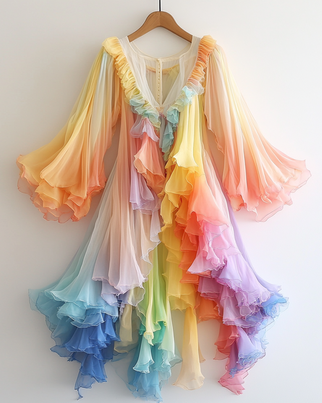 Rainbow gradient lotus leaf irregular chiffon cardigan