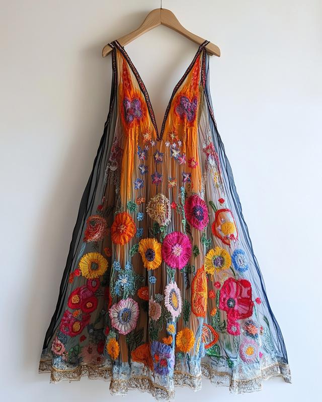 Handmade color block gradient rainbow floral embroidery mesh dress