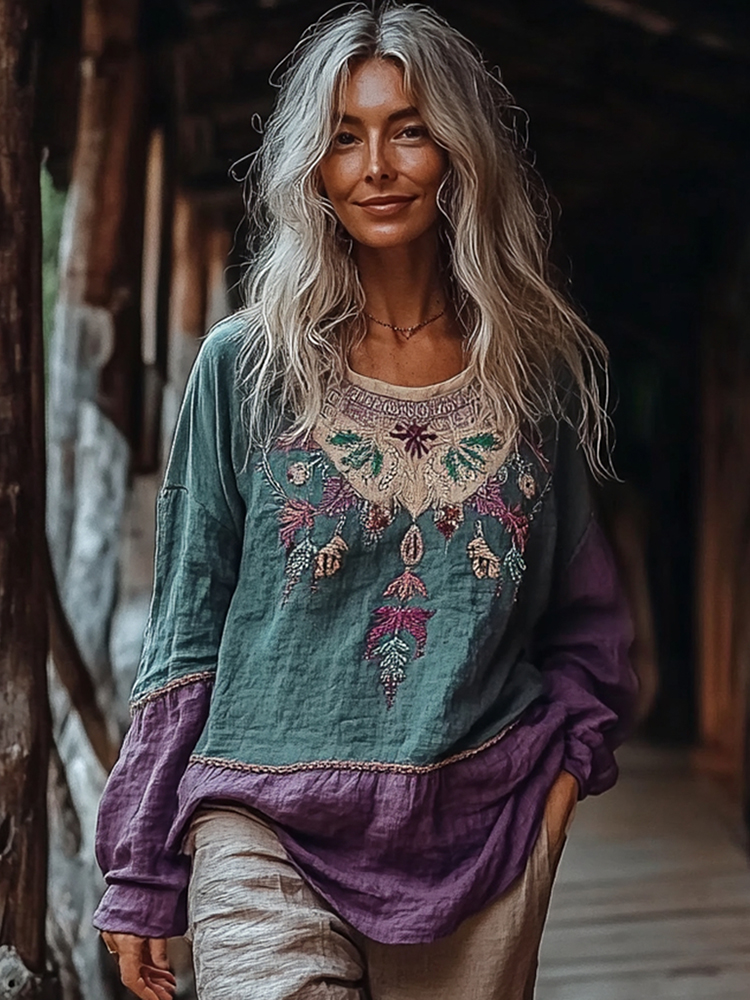 Bohemian Embroidered Floral Contrast Crew Neck Linen Blend Blouse