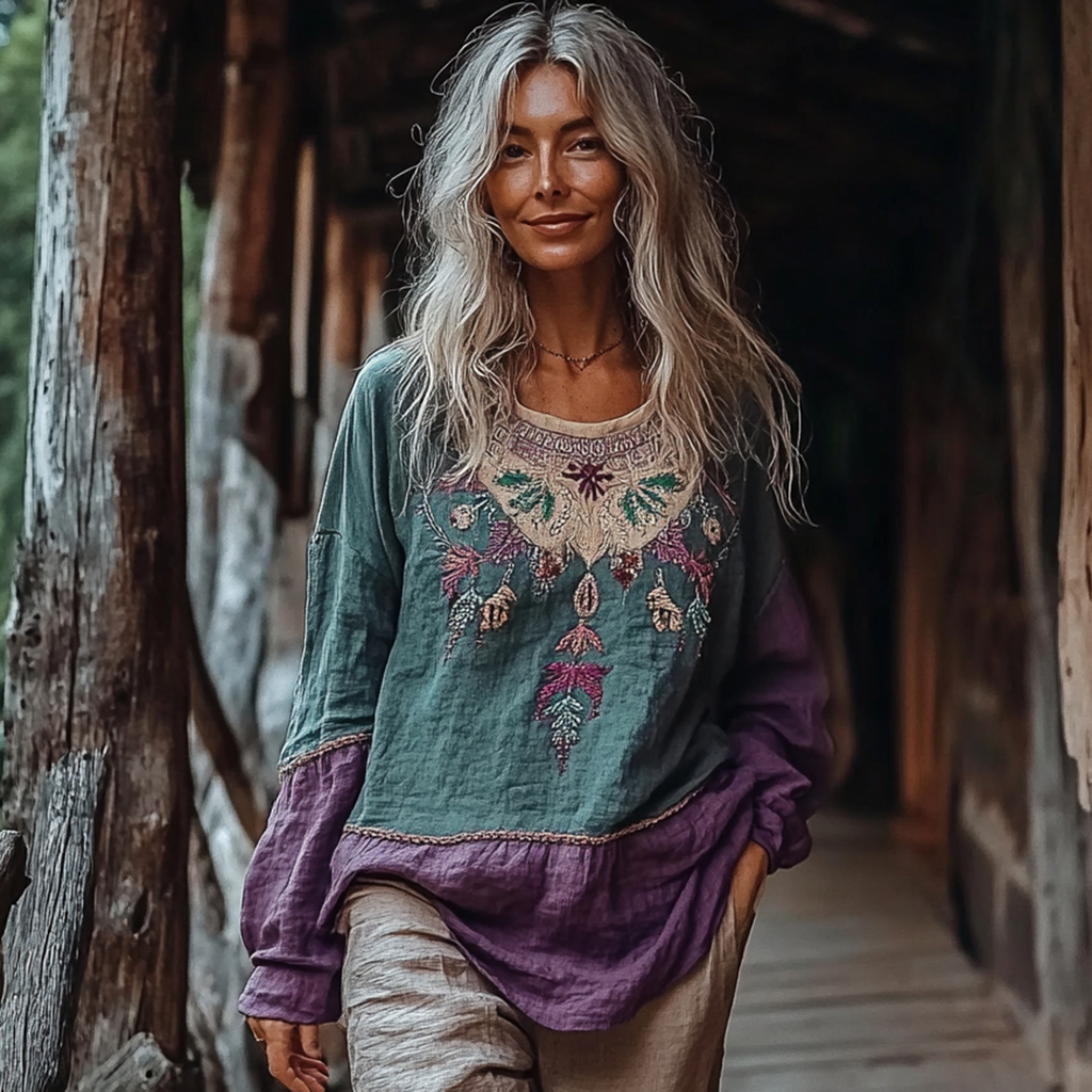 Bohemian Embroidered Floral Contrast Crew Neck Linen Blend Blouse