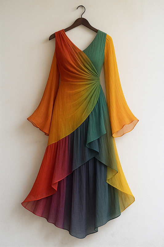 Contrast Rainbow Ruffle Chiffon Dress