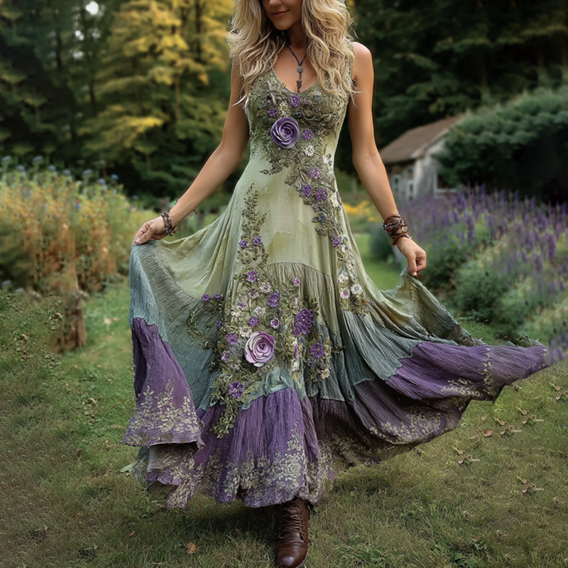 Classy Gradient Purple Lavender And Floral Embroidered Linen Maxi Dress