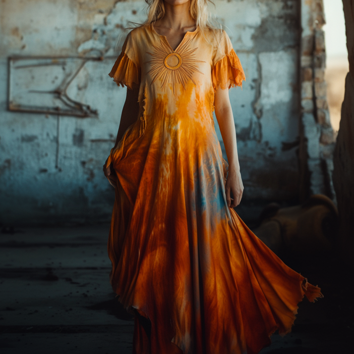 Tie-dye gradient star and moon embroidery retro casual dress