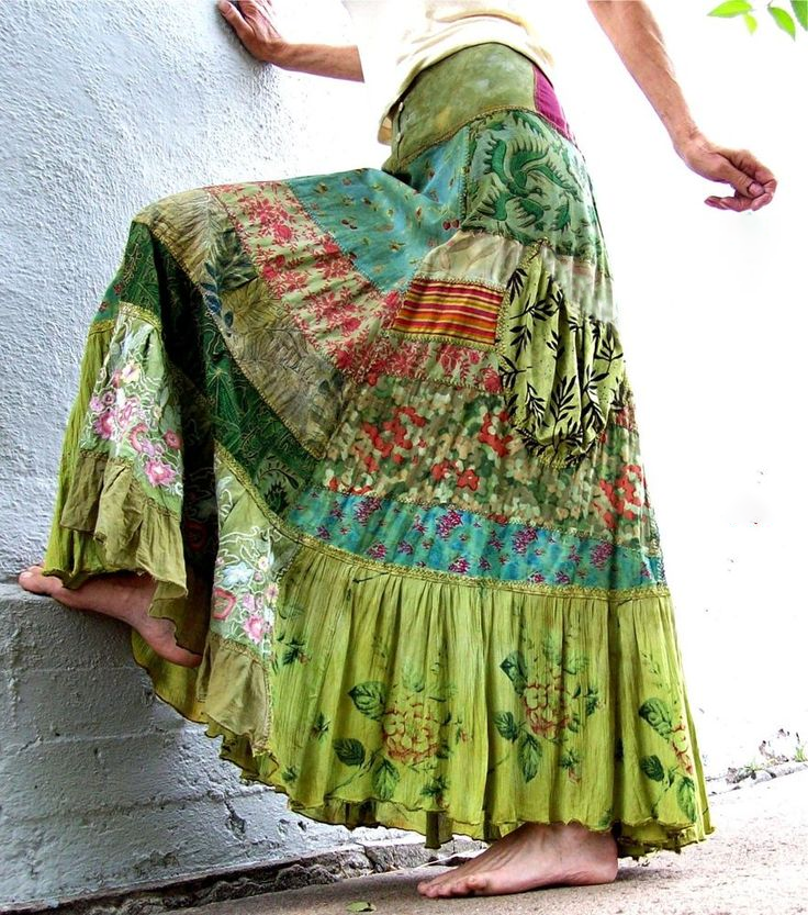 Women's Green Flowers Patchwork Art Linen Blend Skirt