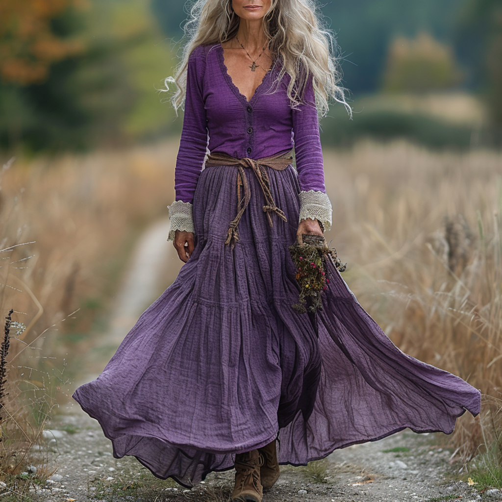 Women's Vintage V-neck Linen Long-sleeve Maxi Long Dress