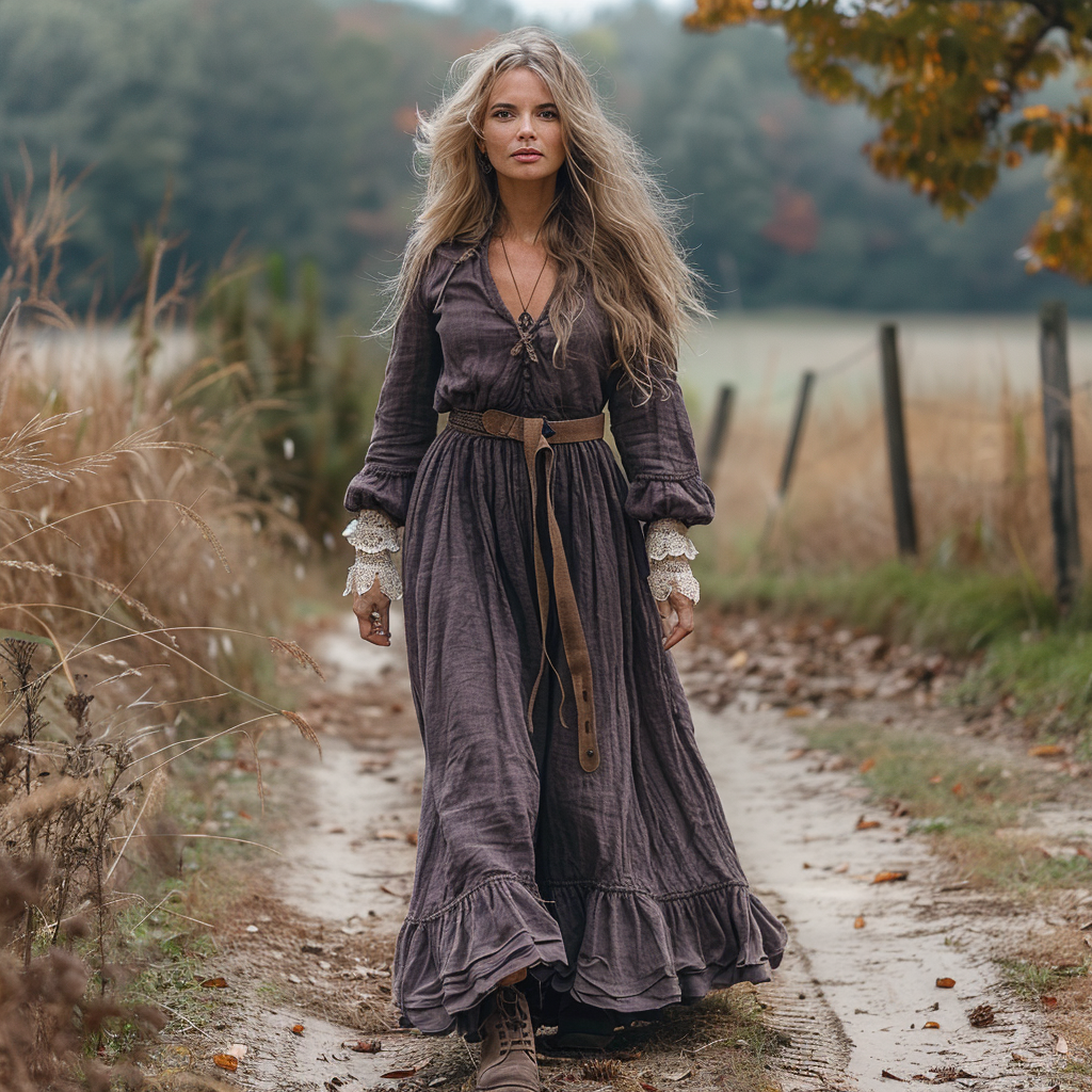 Women's Vintage V-neck Linen Long-sleeve Maxi Long Dress