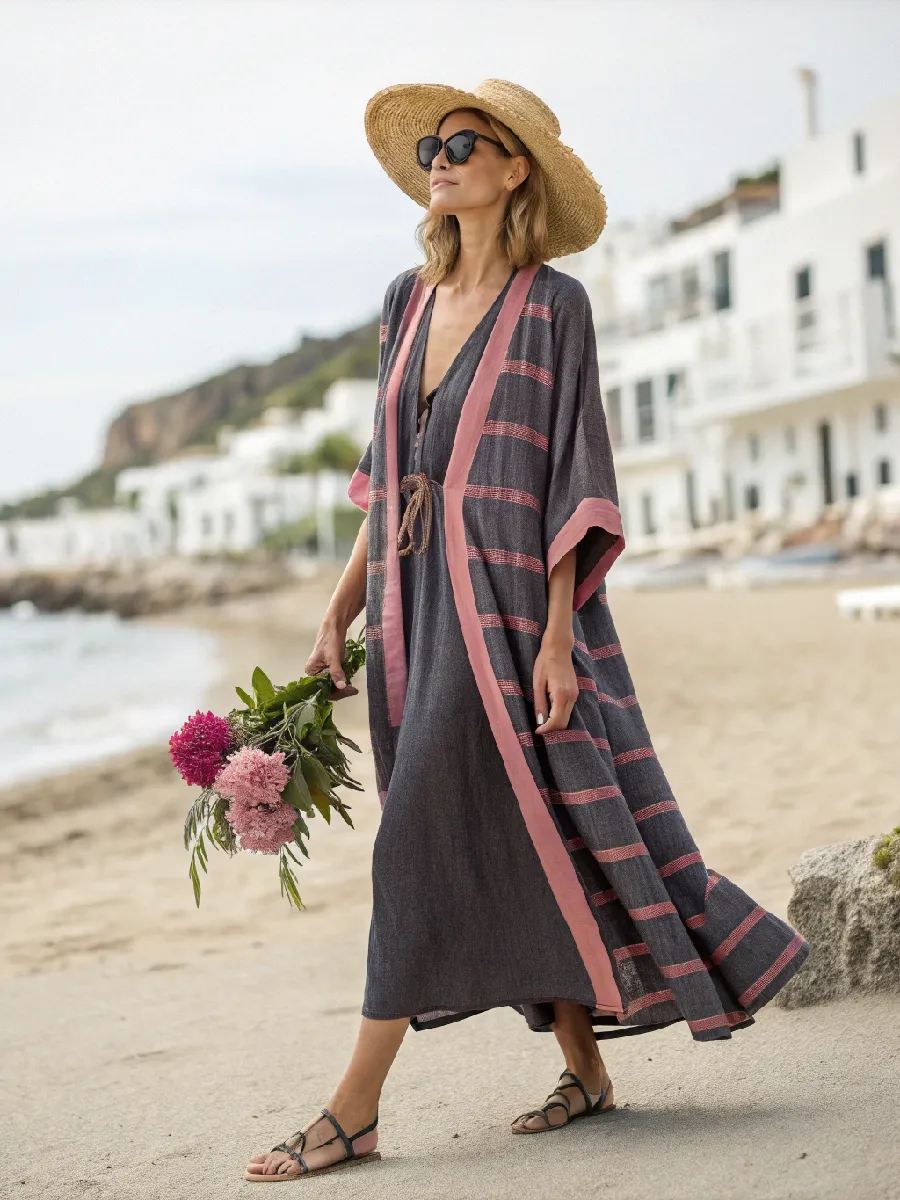 Women's cotton and linen striped robe suit