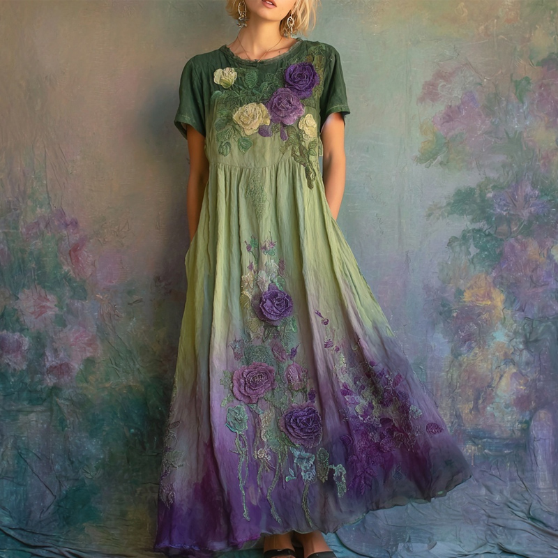 Vintage Roses Embroidered Gradient Linen Maxi Dress