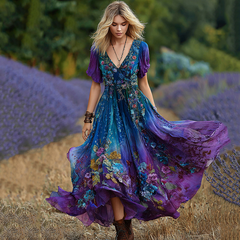 Vintage Purple And Blue Lavender Patchwork And Floral Embroidered Art Linen Maxi Dress