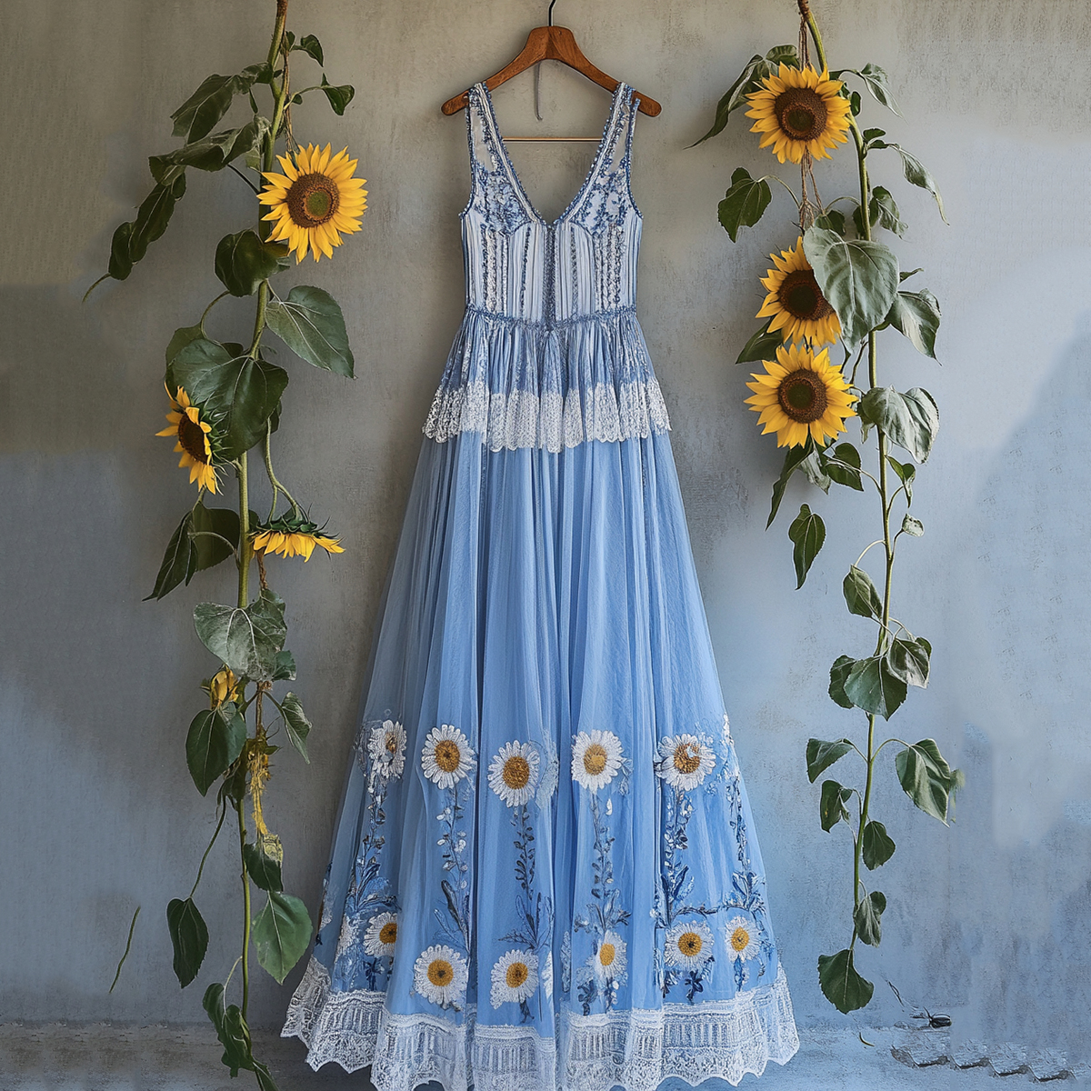 Vintage Bohemian Sunflower Chiffon Deep V Dress