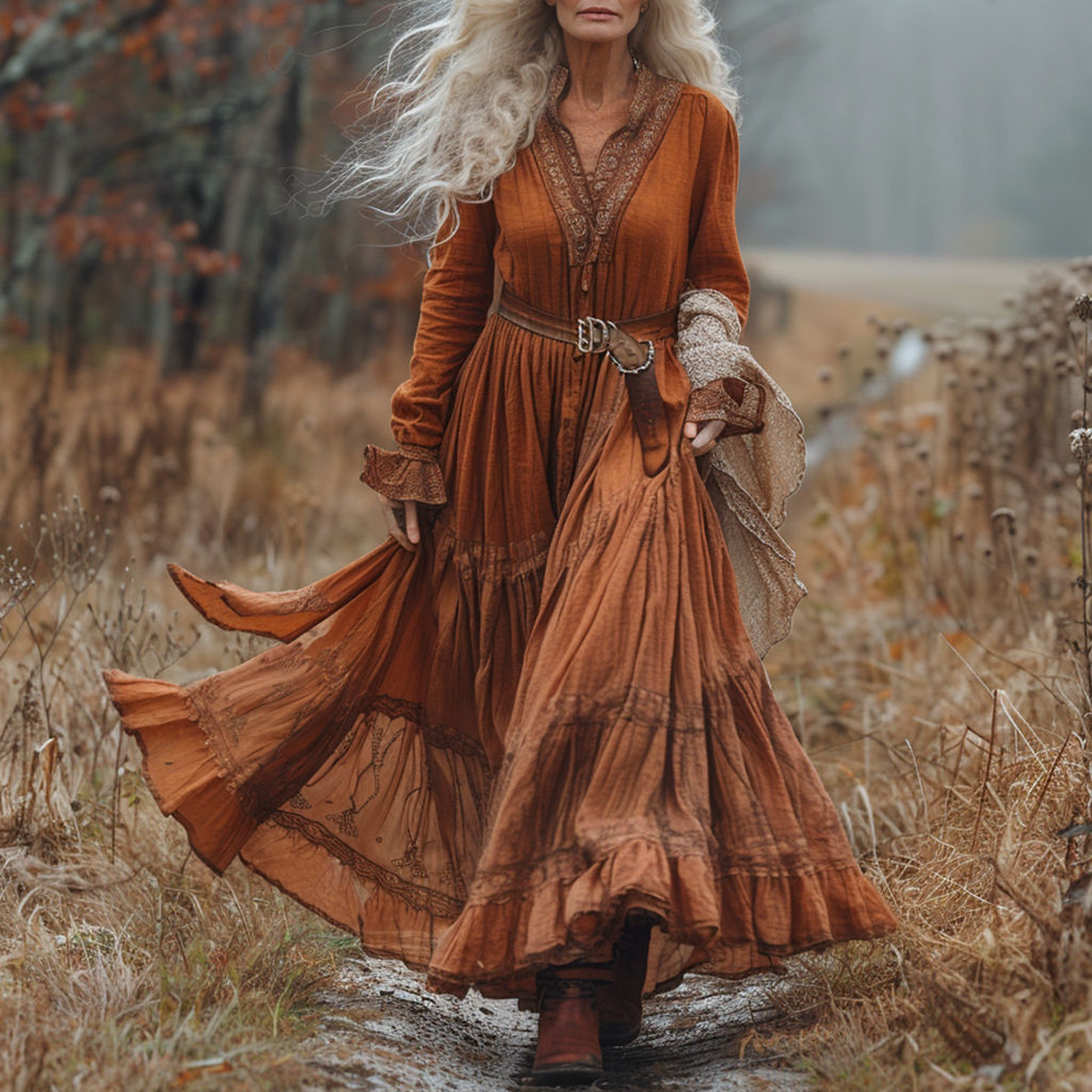 Women's Vintage V-neck Linen Long-sleeve Maxi Long Dress